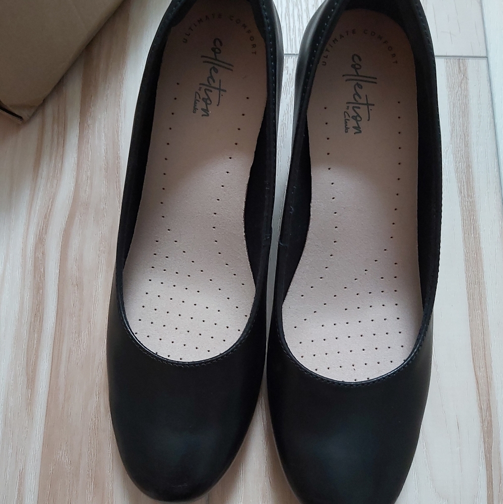 Clarks black leather wedge heels